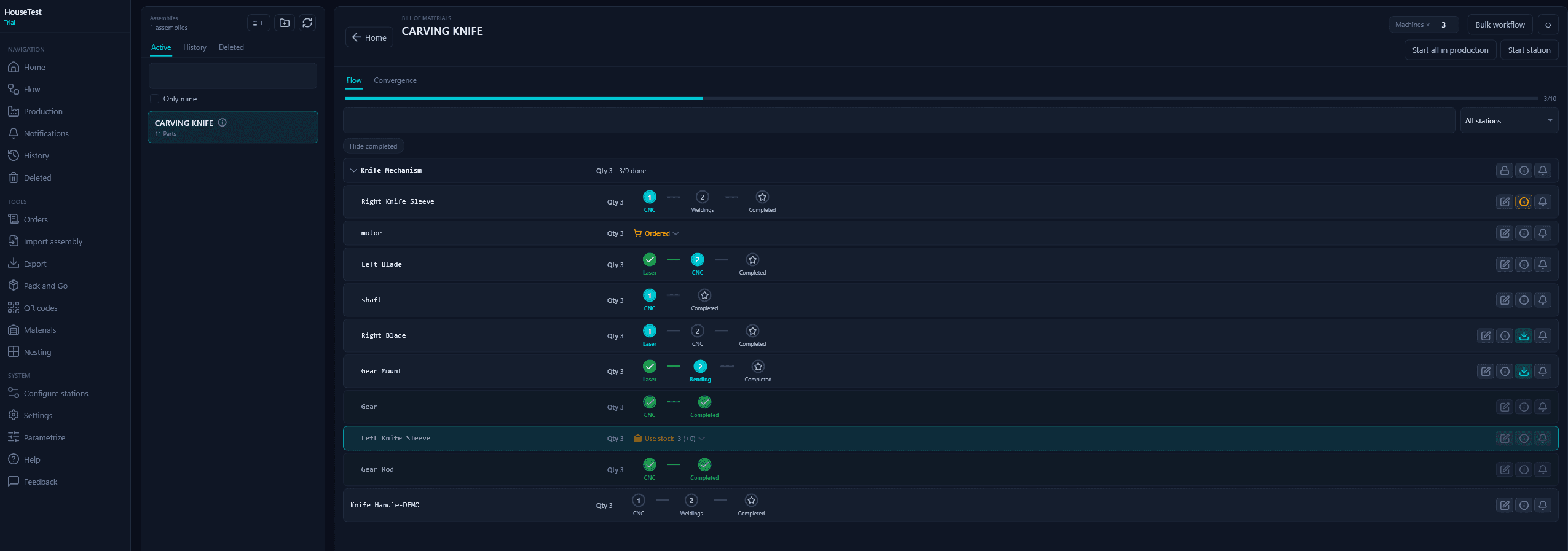 The OpifexHQ flow board with parts across the stations