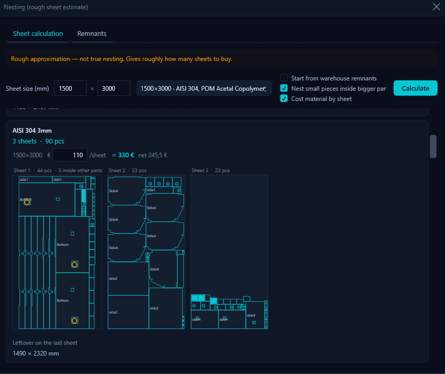 The sheet estimate, with parts nested and the cost