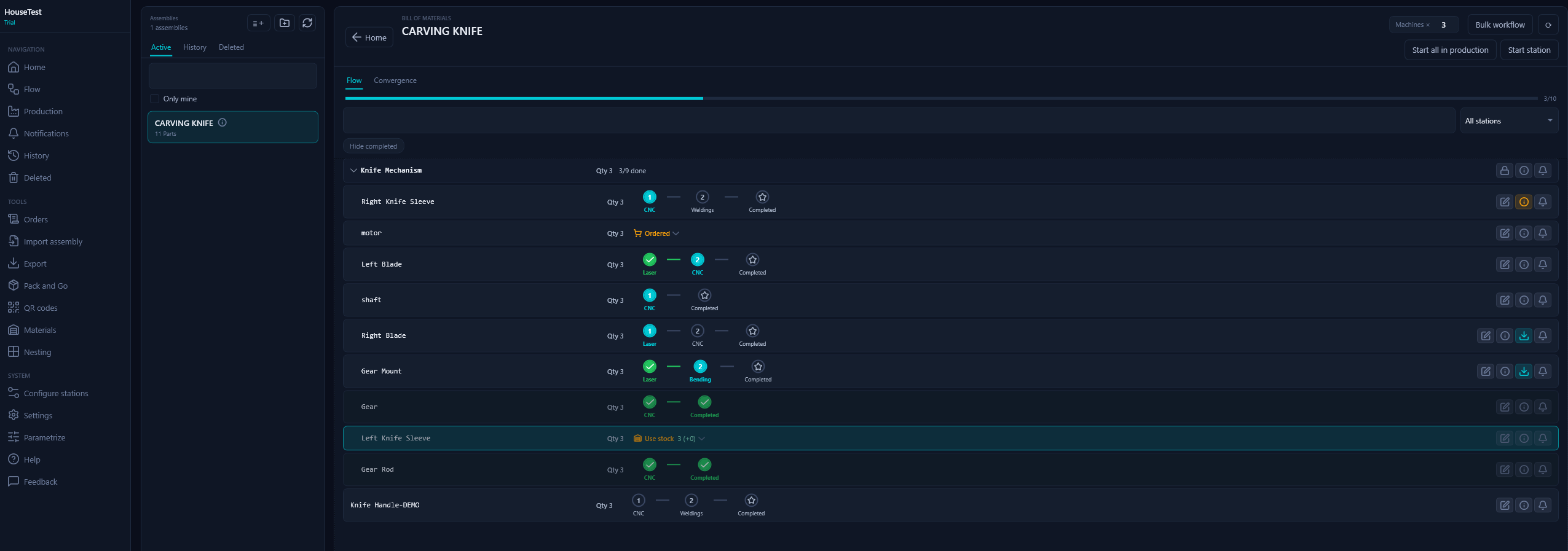 OpifexHQ — live flow board of an assembly with parts across the stations